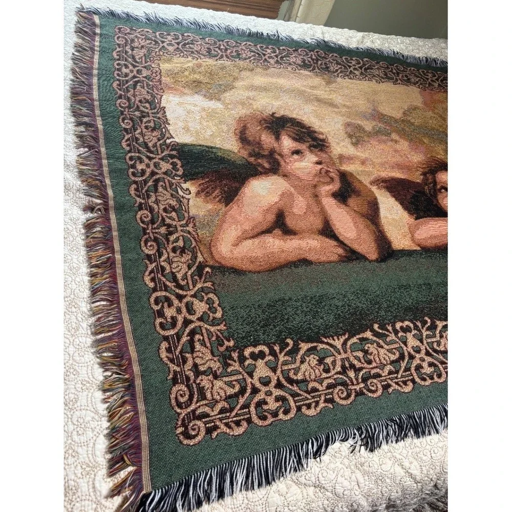 Vintage Raphael Cherub Woven Tapestry Throw Blanket Multicolor Fringed EUC